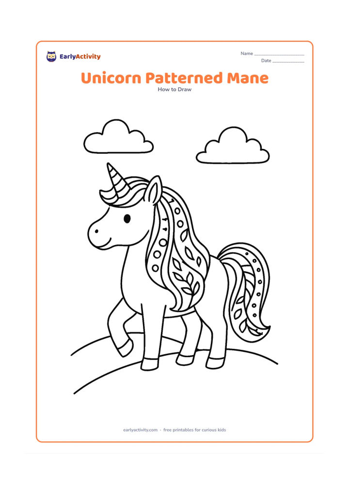 Worksheet: A standing unicorn with a long flowing mane divided into broad sections containing simple swirls, dots and leaf shapes. Add a matching patterned tail, a small hill and two clouds in the…