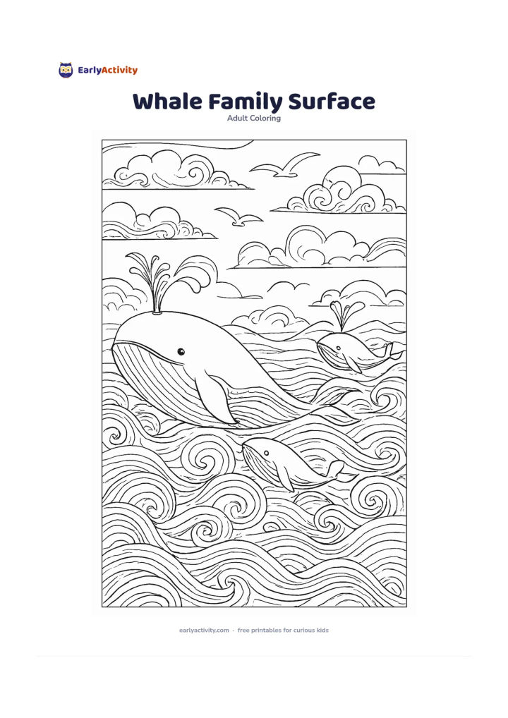 Colouring page: A large whale and two smaller whales swim together at the ocean surface, showing different curved backs and gentle blowhole sprays. Add rolling waves, distant clouds and a few floating…