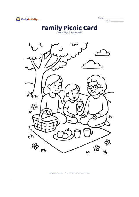 Worksheet: A mother, child and grandmother share a picnic under a broad tree, with a basket, fruit, cloth, cups and flowering grass around them. Leave a large open patch of picnic cloth for a…