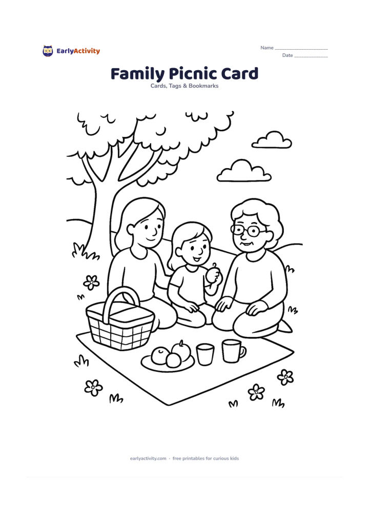 Worksheet: A mother, child and grandmother share a picnic under a broad tree, with a basket, fruit, cloth, cups and flowering grass around them. Leave a large open patch of picnic cloth for a…