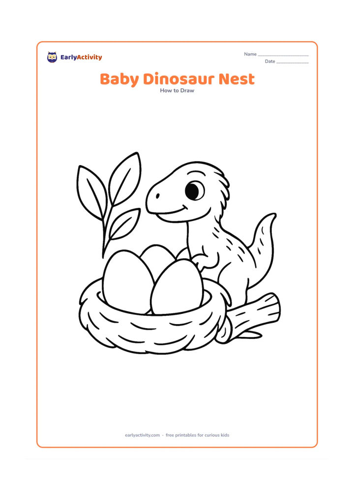 Worksheet: Show a small feathered dinosaur peeking beside a nest with three large eggs, built from simple ovals and curves in unlabeled stages. Include two broad leaves and a small log in the…