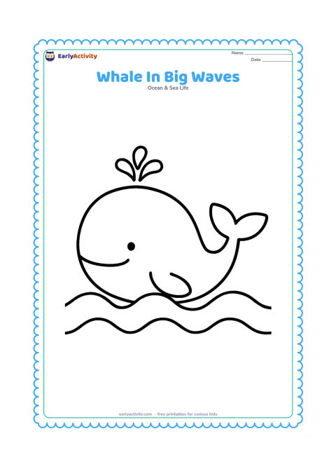 Colouring page: Draw one large friendly whale rising between three broad, rounded waves, with a simple tail, fin, blowhole, and small air spout. Leave generous open areas around the whale for easy…