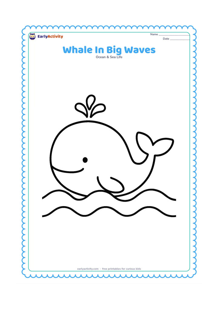Colouring page: Draw one large friendly whale rising between three broad, rounded waves, with a simple tail, fin, blowhole, and small air spout. Leave generous open areas around the whale for easy…