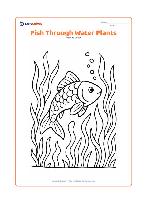 Worksheet: Show one detailed fish curving through dense but open water plants, with its body bent to suggest movement, fins angled in different directions, a patterned tail, scales, and a trail of…
