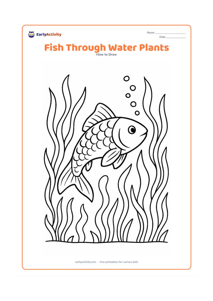 Worksheet: Show one detailed fish curving through dense but open water plants, with its body bent to suggest movement, fins angled in different directions, a patterned tail, scales, and a trail of…
