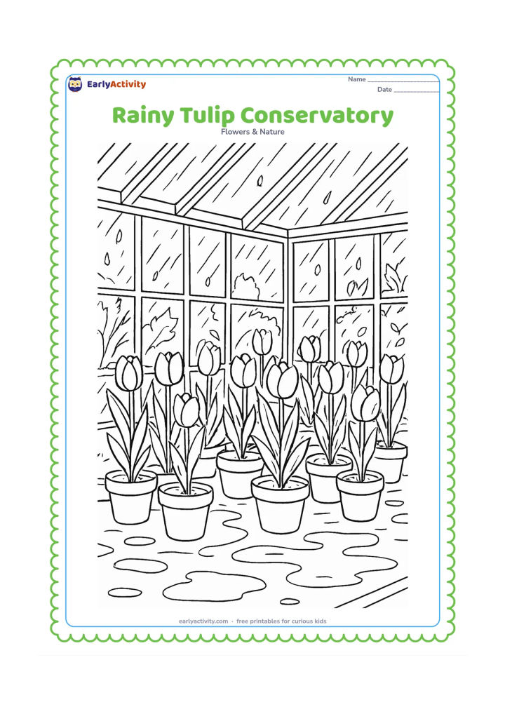 Colouring page: Draw rows of tulips inside a glass conservatory during rain, with large window panes, roof beams, puddles outside and leaves seen through the glass. Include pots, soil and varied tulip…