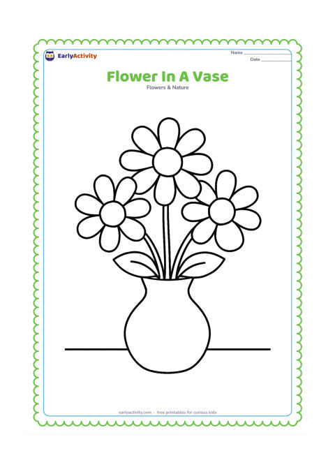 Colouring page: Draw three large simple blooms with broad leaves arranged in a plain vase. Place the vase on a flat surface with plenty of empty space around it.