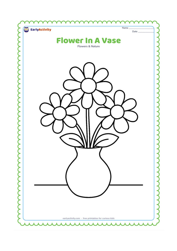 Colouring page: Draw three large simple blooms with broad leaves arranged in a plain vase. Place the vase on a flat surface with plenty of empty space around it.