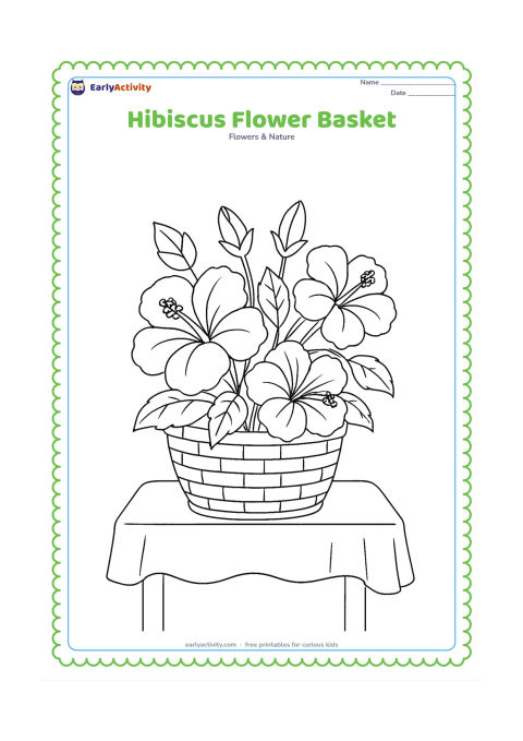 Colouring page: Draw a woven basket holding several hibiscus flowers, including one open bloom, one side-facing bloom, and two buds with leafy stems. Place the basket on a simple cloth-covered table.