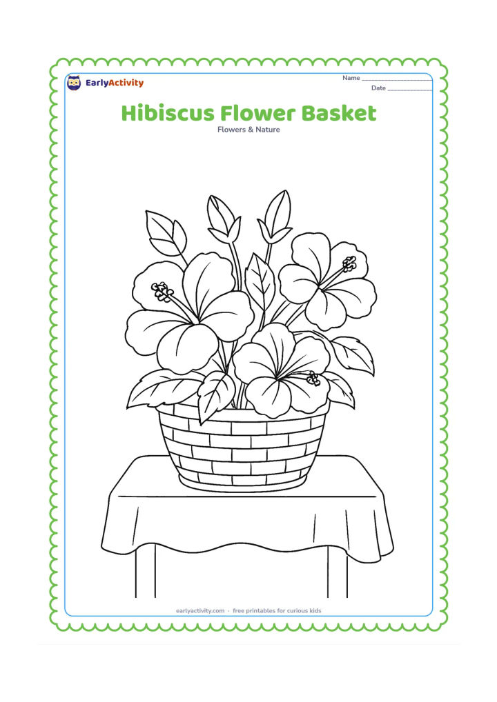 Colouring page: Draw a woven basket holding several hibiscus flowers, including one open bloom, one side-facing bloom, and two buds with leafy stems. Place the basket on a simple cloth-covered table.