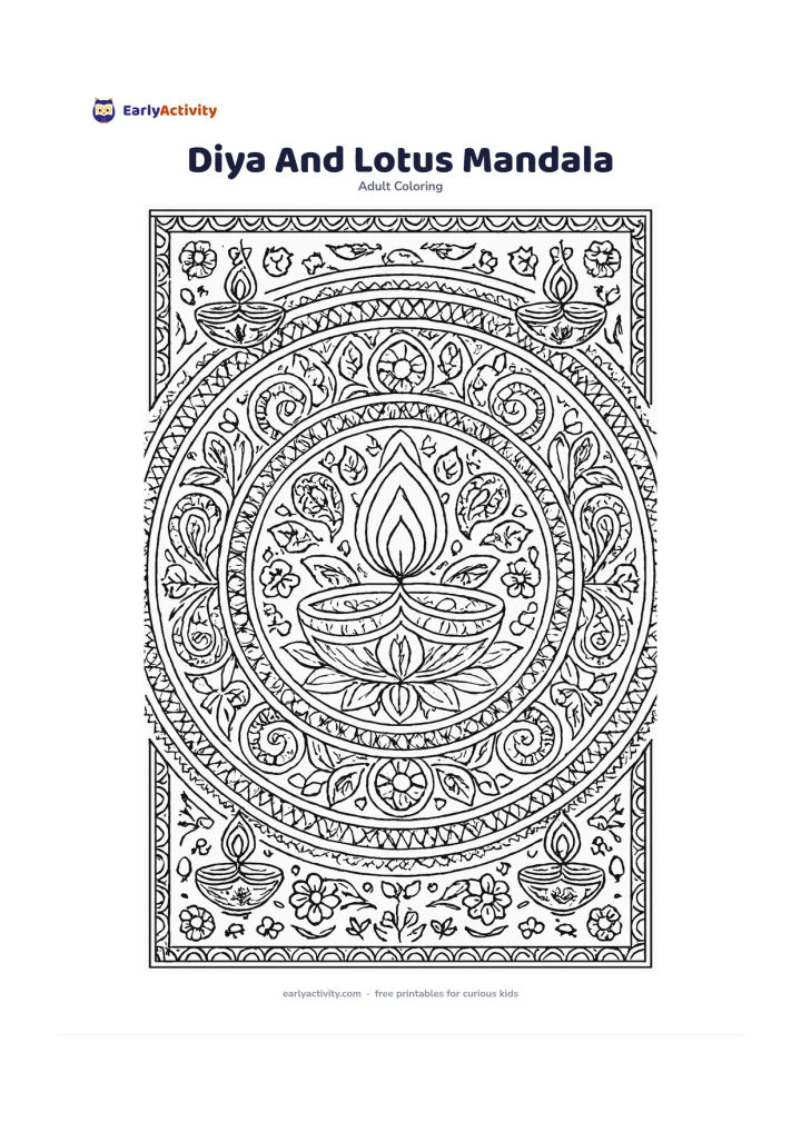 Colouring page: Create a centered circular arrangement with a large diya surrounded by lotus petals, paisley shapes, leaves, bells, small flowers, and four symmetrical corner lamps. Use repeated rings…