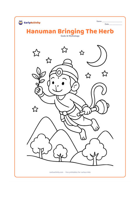 Colouring page: Hanuman flies through the night sky carrying a small glowing herb plant in one hand and his gada in the other. Below him are rounded mountain peaks, trees, and a crescent moon.