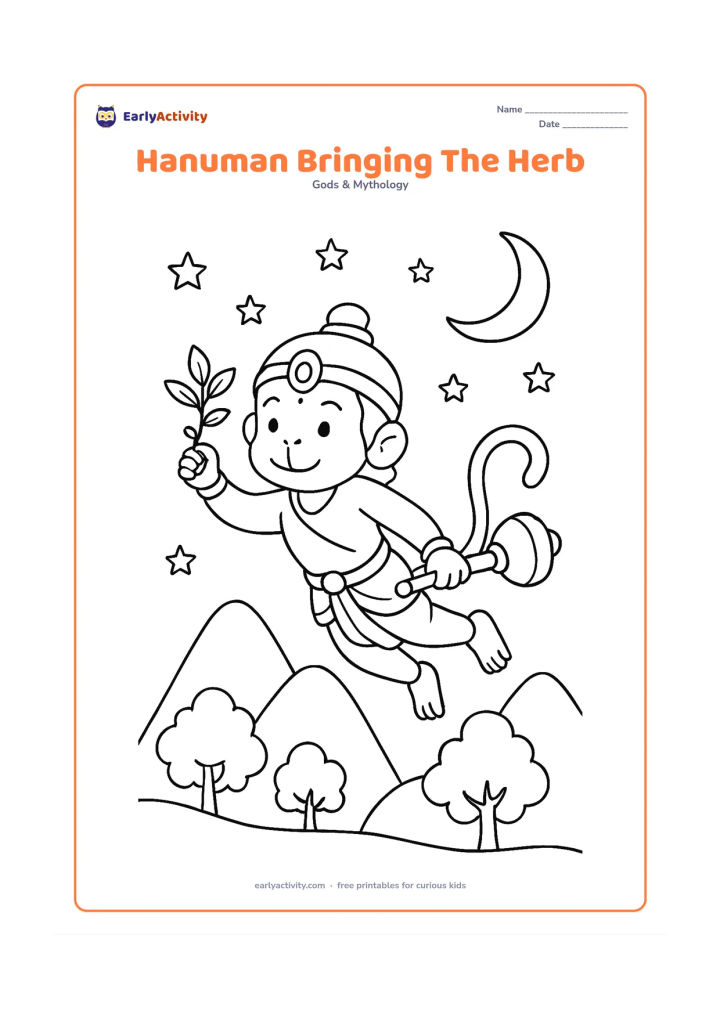 Colouring page: Hanuman flies through the night sky carrying a small glowing herb plant in one hand and his gada in the other. Below him are rounded mountain peaks, trees, and a crescent moon.