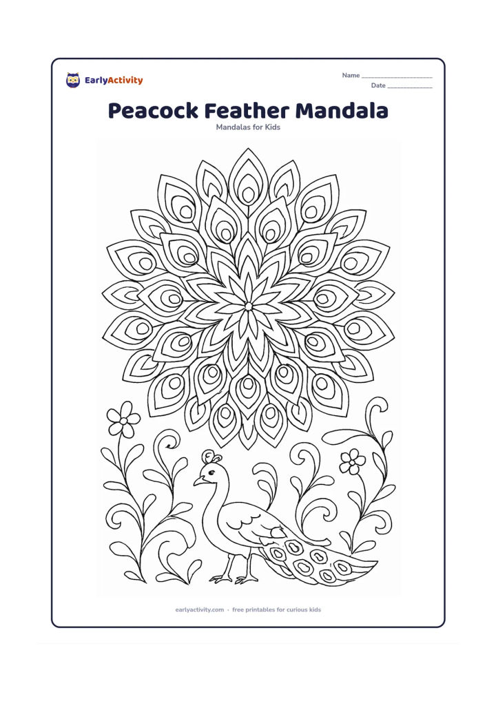 Colouring page: Build a detailed star mandala from repeating peacock-feather shapes, with a peacock standing beneath it in a garden of curling stems and small flowers. Keep the feather eyes decorative…