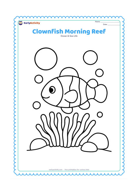 Colouring page: Show one large clownfish emerging from a simple anemone on a sandy reef, with a few large bubbles and a round sun shape shining through the water above. Add two chunky rocks.