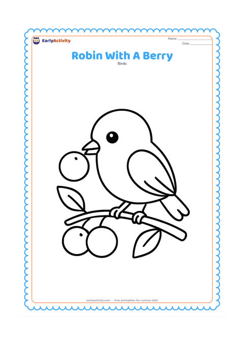 Colouring page: Draw a robin holding or pecking at one large berry on a low branch. Add three oversized berries and two simple leaves around the bird.