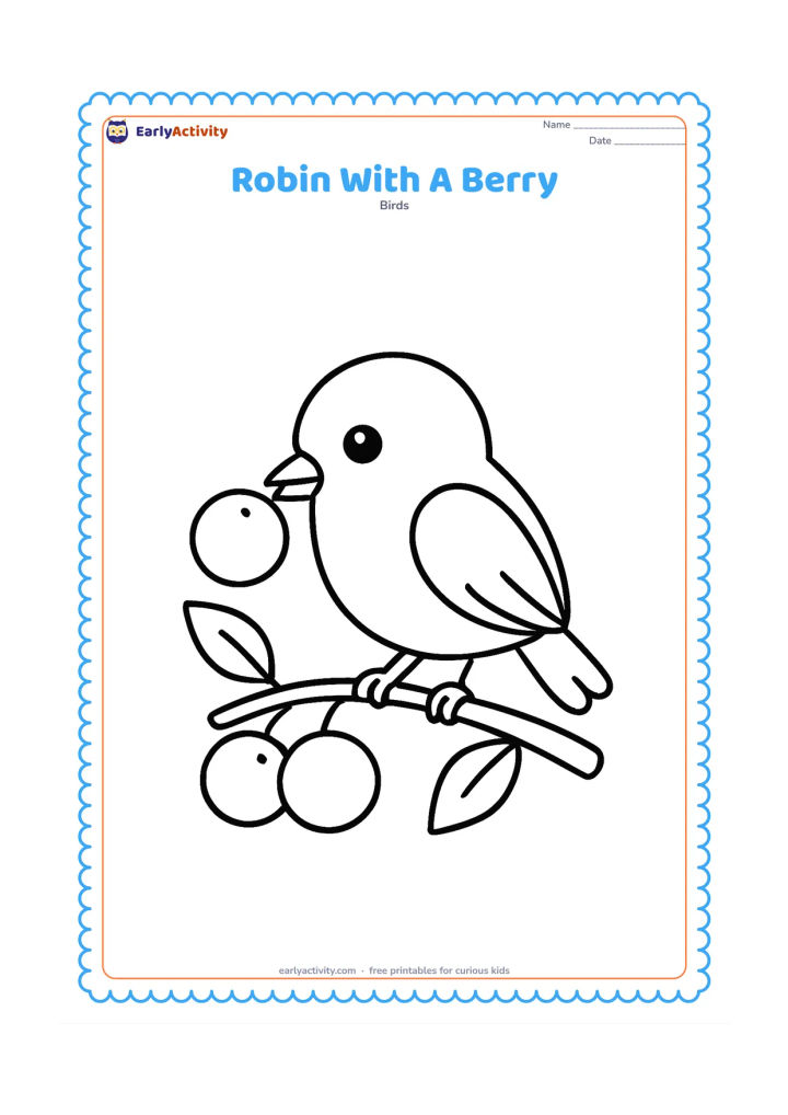 Colouring page: Draw a robin holding or pecking at one large berry on a low branch. Add three oversized berries and two simple leaves around the bird.