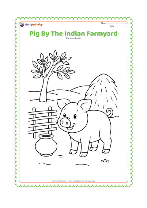 Colouring page: A friendly pig stands in a rural Indian farmyard beside a low woven fence, a simple clay water pot and a hay stack. Add a neem-like tree and open ground, without decorative writing or…