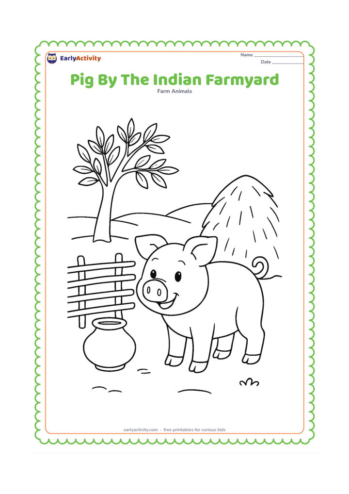 Colouring page: A friendly pig stands in a rural Indian farmyard beside a low woven fence, a simple clay water pot and a hay stack. Add a neem-like tree and open ground, without decorative writing or…