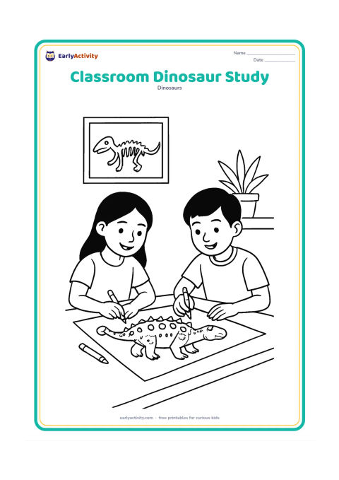 Colouring page: Show an Indian classroom activity with two children colouring a large Ankylosaurus picture at a table while a simple dinosaur fossil poster shape and potted plant sit behind them. The…