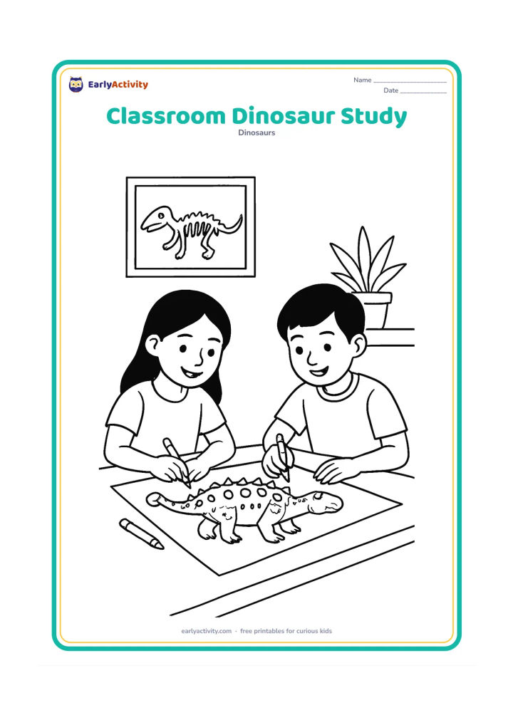 Colouring page: Show an Indian classroom activity with two children colouring a large Ankylosaurus picture at a table while a simple dinosaur fossil poster shape and potted plant sit behind them. The…