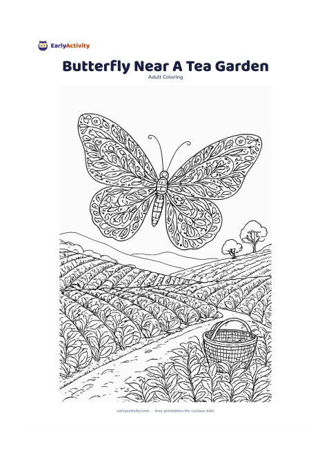 Colouring page: Draw a butterfly hovering above neat rows of tea plants on a gentle hillside, with a few distant shade trees and a woven basket near the path. Give the butterfly broad wings filled with…