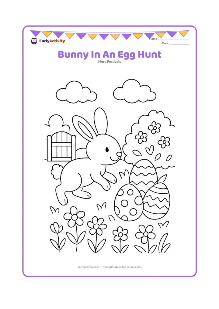 Colouring page: A bunny hops through a garden toward three hidden Easter eggs, with one egg partly behind a flowering bush. Add a small garden gate, clouds and several varied flowers.