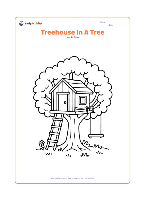 Worksheet: Show a sturdy tree with a small wooden treehouse built between strong branches, a ladder, a rope rail, a swing and leafy clusters surrounding the structure. Add grass and a few flowers…
