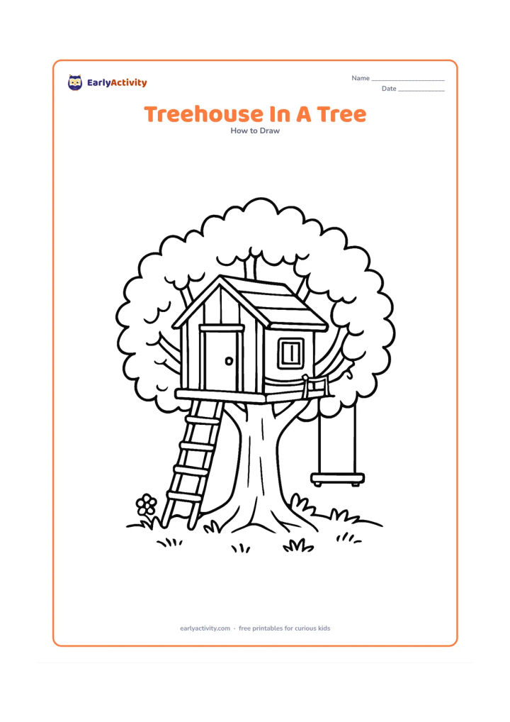 Worksheet: Show a sturdy tree with a small wooden treehouse built between strong branches, a ladder, a rope rail, a swing and leafy clusters surrounding the structure. Add grass and a few flowers…