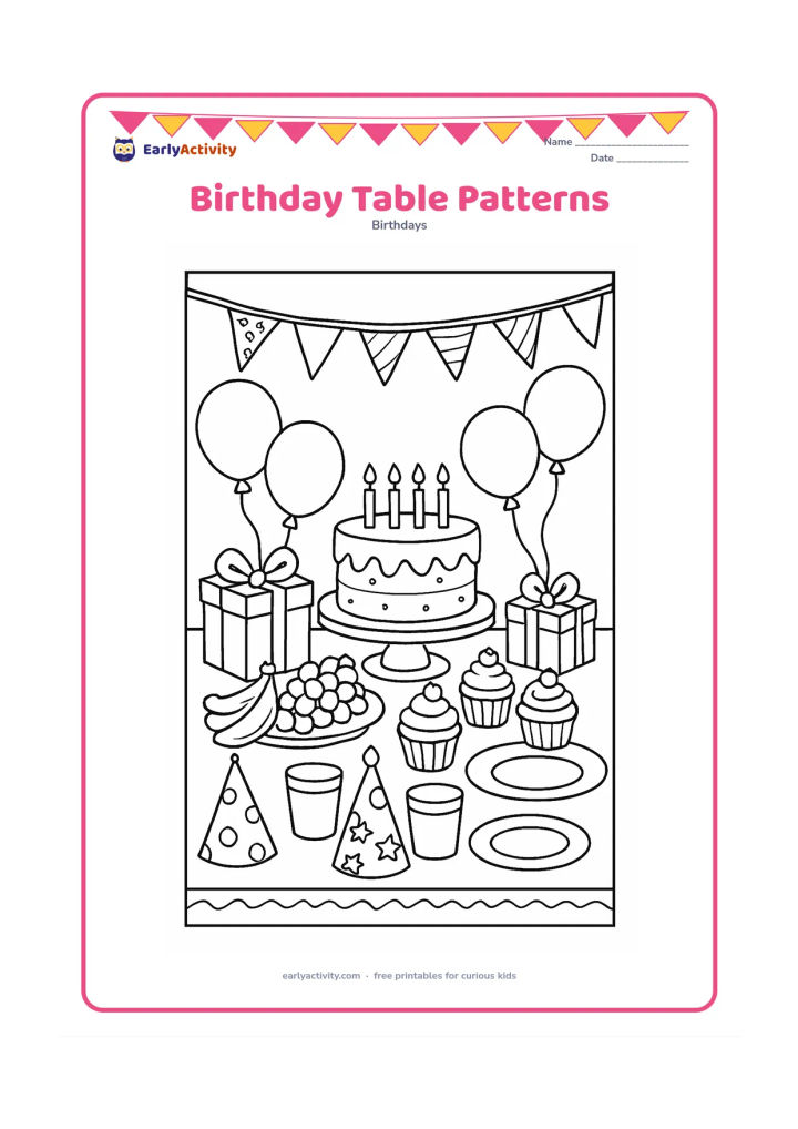 Colouring page: A busy party table displays a decorated cake, cupcakes, fruit, plates, cups, wrapped gifts, party hats, and balloons. Add repeating borders on the tablecloth and simple patterned bunting…