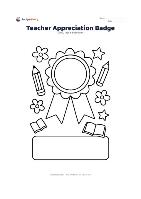 Worksheet: A large blank rosette badge sits in the centre, surrounded by pencils, flowers, stars and small books, with a clear writing panel beneath it. The badge must have no words, letters,…