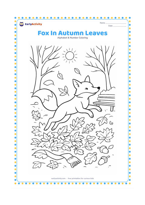 Colouring page: Draw a fox leaping through a pile of autumn leaves in a park, with bare branches, a wooden bench, acorns, a scarf on the ground and low afternoon sunlight.