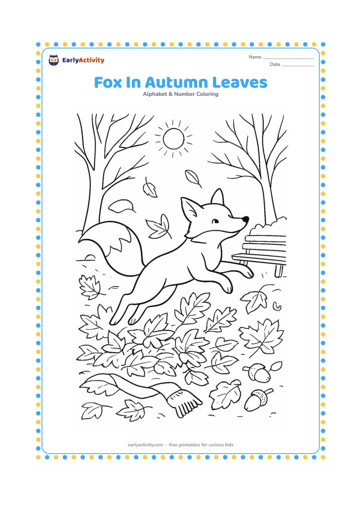 Colouring page: Draw a fox leaping through a pile of autumn leaves in a park, with bare branches, a wooden bench, acorns, a scarf on the ground and low afternoon sunlight.