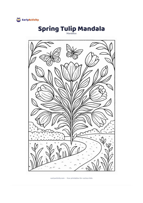 Colouring page: Arrange open tulips, tulip buds, long leaves and looping stems in a symmetrical floral mandala. Surround the central flowers with a spring garden scene containing a low hedge,…