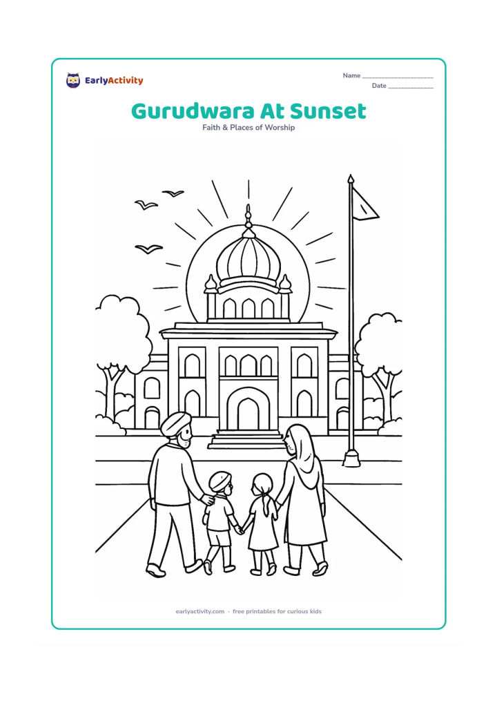 Colouring page: Draw a gurudwara with a glowing sunset behind its dome and Nishan Sahib, while a family walks through the courtyard toward the entrance. Add birds, trees, steps and arched windows.