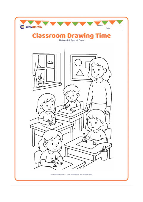 Colouring page: Four children sit at desks drawing on separate blank sheets while a teacher smiles nearby. Include an open window, potted plant, pencil cup, and a wall display with empty shapes but no…