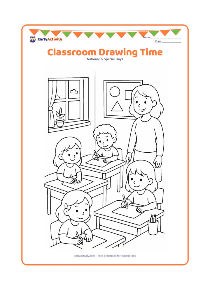 Colouring page: Four children sit at desks drawing on separate blank sheets while a teacher smiles nearby. Include an open window, potted plant, pencil cup, and a wall display with empty shapes but no…