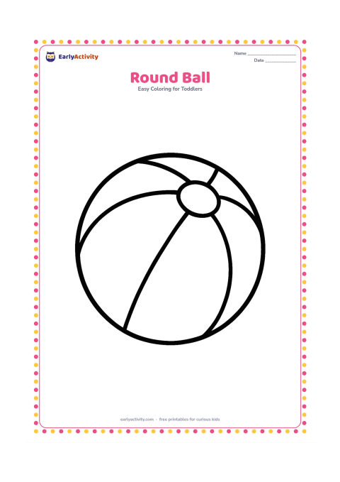 Colouring page: A large round playground ball sits in the centre, with three wide curved panel lines inside it. Leave the background blank.