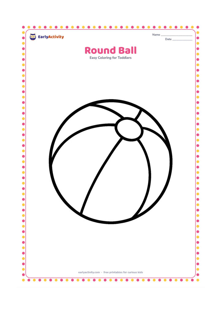 Colouring page: A large round playground ball sits in the centre, with three wide curved panel lines inside it. Leave the background blank.