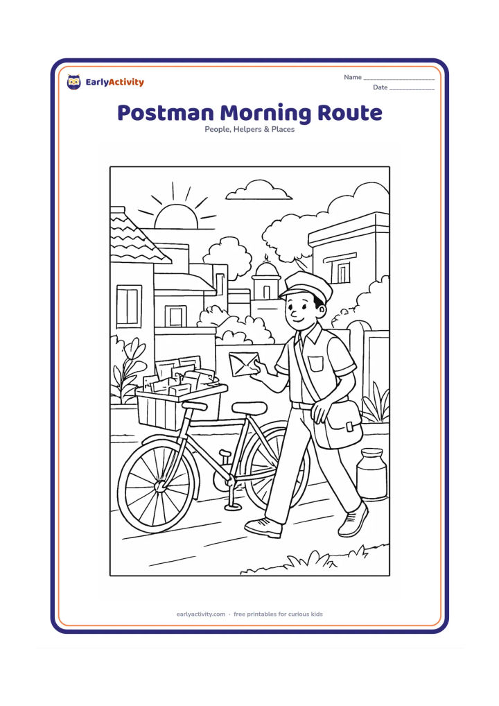 Colouring page: A postman begins an early morning delivery route beside a bicycle loaded with mail. Show a sunrise, Indian neighbourhood homes, a milk container, plants, a gate and a distant temple dome…