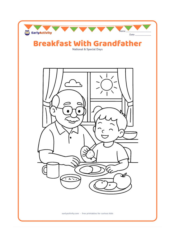 Colouring page: A grandfather and child sit together at a breakfast table with idli, fruit, a cup and a serving bowl, with a sunny kitchen window behind them.