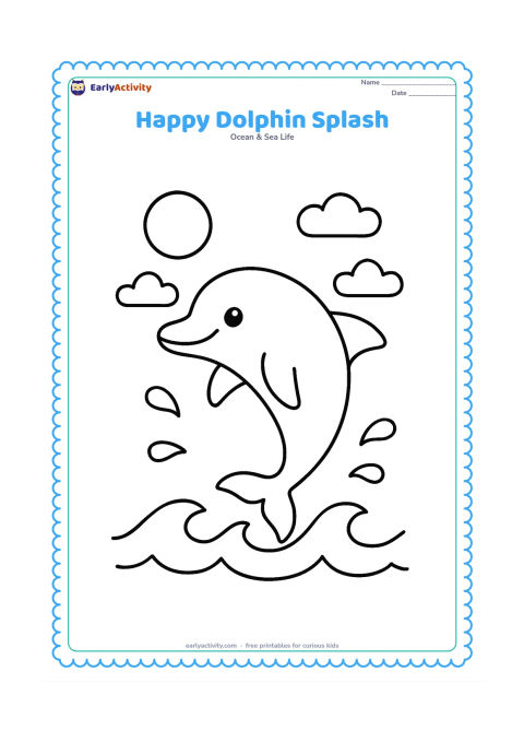Colouring page: Draw one friendly dolphin leaping above a few large waves, with a round sun, three simple clouds, and widely spaced water droplets. Keep the dolphin large and centered with plenty of…