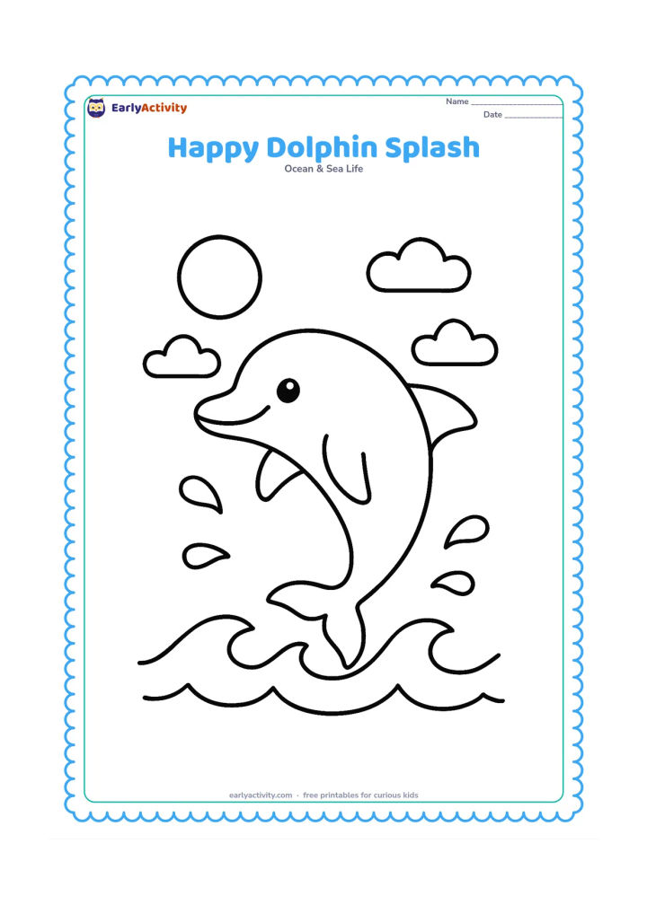 Colouring page: Draw one friendly dolphin leaping above a few large waves, with a round sun, three simple clouds, and widely spaced water droplets. Keep the dolphin large and centered with plenty of…