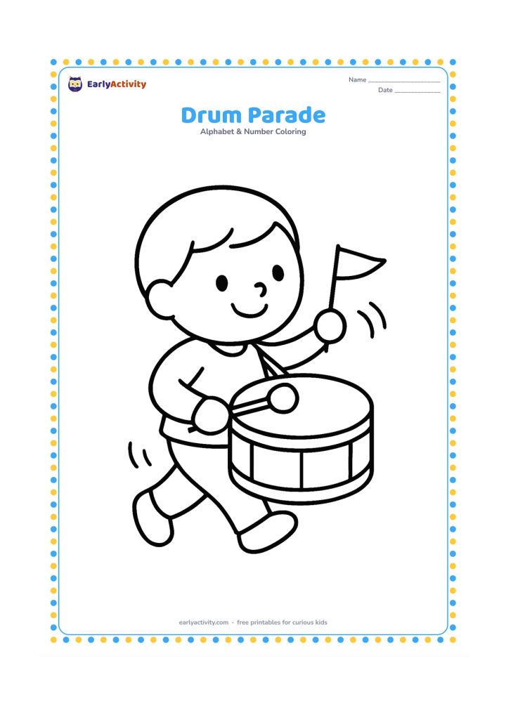 Colouring page: A smiling child taps a large toy drum with two sticks while walking. Add a few simple curved motion marks and a small flag without any markings.