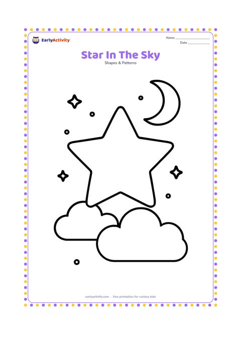 Colouring page: A large five-point star floating above two simple rounded clouds, with a small crescent moon and a few widely spaced dot stars in the background.