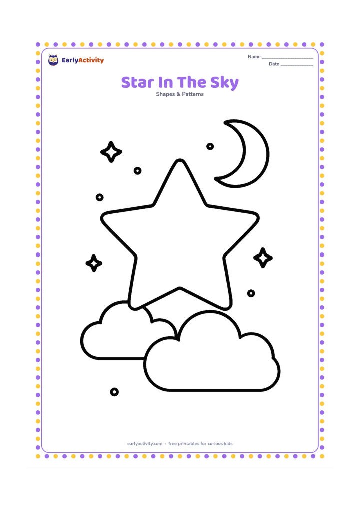 Colouring page: A large five-point star floating above two simple rounded clouds, with a small crescent moon and a few widely spaced dot stars in the background.