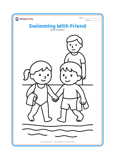 Colouring page: Two young friends hold hands while walking carefully beside a shallow pool, each carrying a small towel. Show a simple adult supervisor and a few pool ripples in the background, with no…