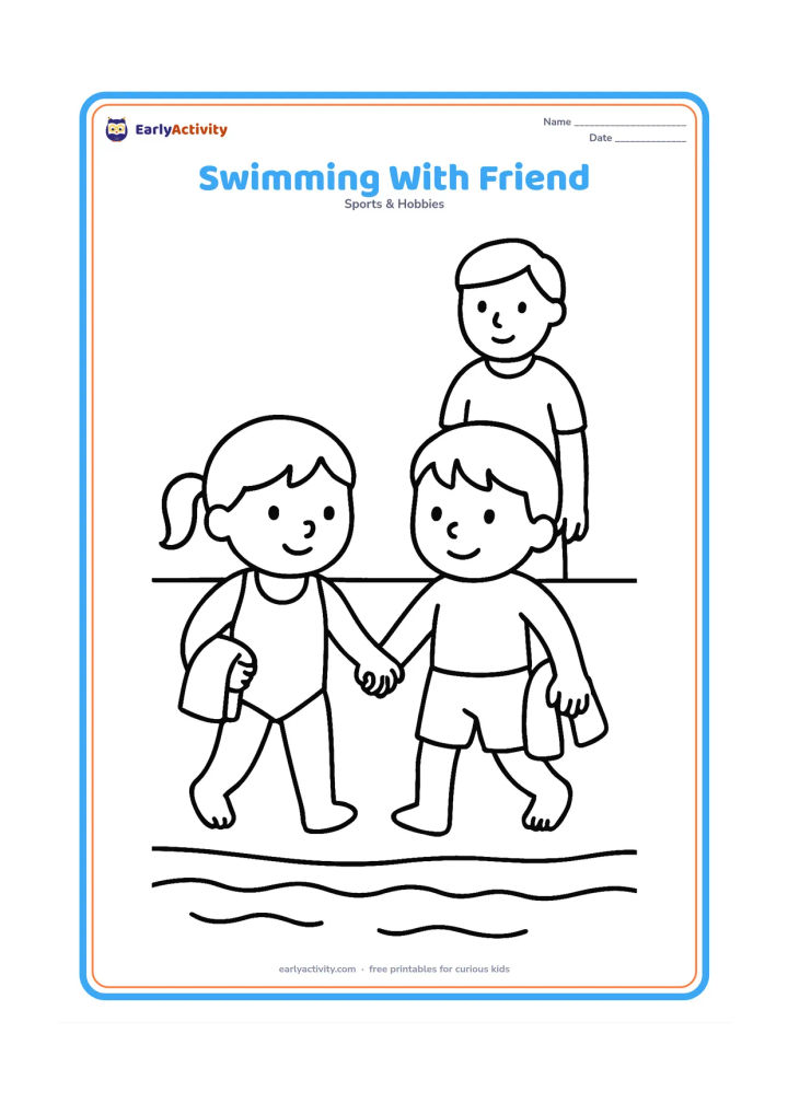Colouring page: Two young friends hold hands while walking carefully beside a shallow pool, each carrying a small towel. Show a simple adult supervisor and a few pool ripples in the background, with no…