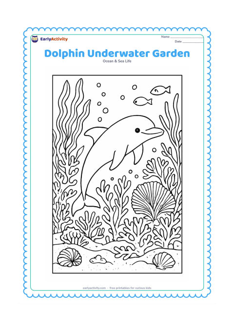 Colouring page: Draw a dolphin gliding through a rich underwater garden of sea fans, kelp, coral branches, shells, and small fish. Add a textured sandy bottom and rising bubble trails while leaving the…
