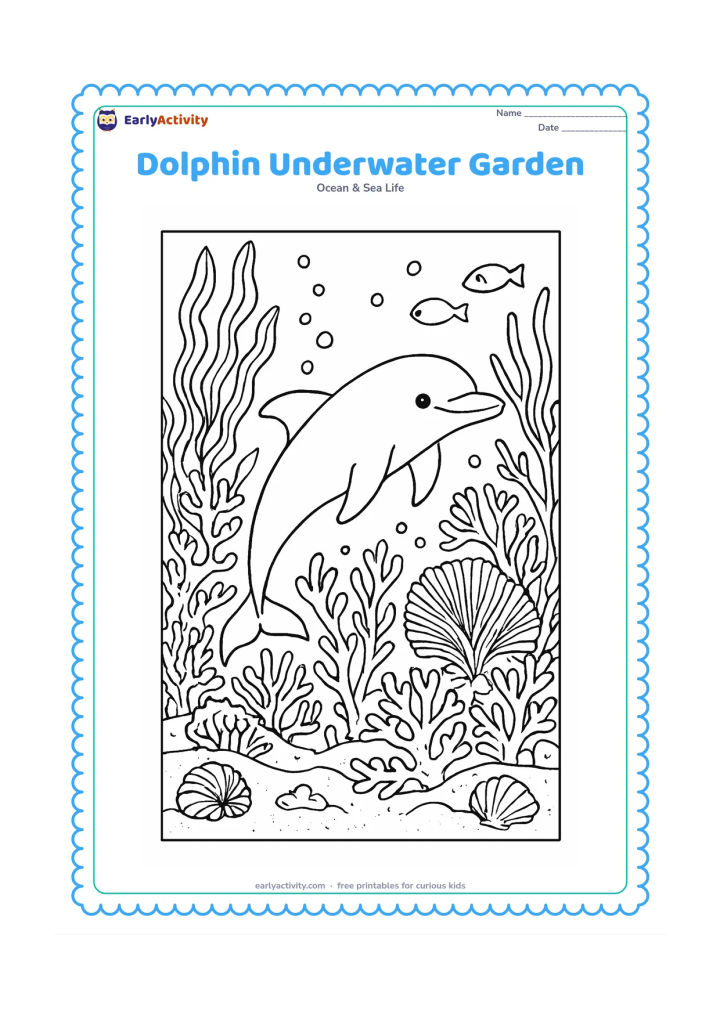 Colouring page: Draw a dolphin gliding through a rich underwater garden of sea fans, kelp, coral branches, shells, and small fish. Add a textured sandy bottom and rising bubble trails while leaving the…
